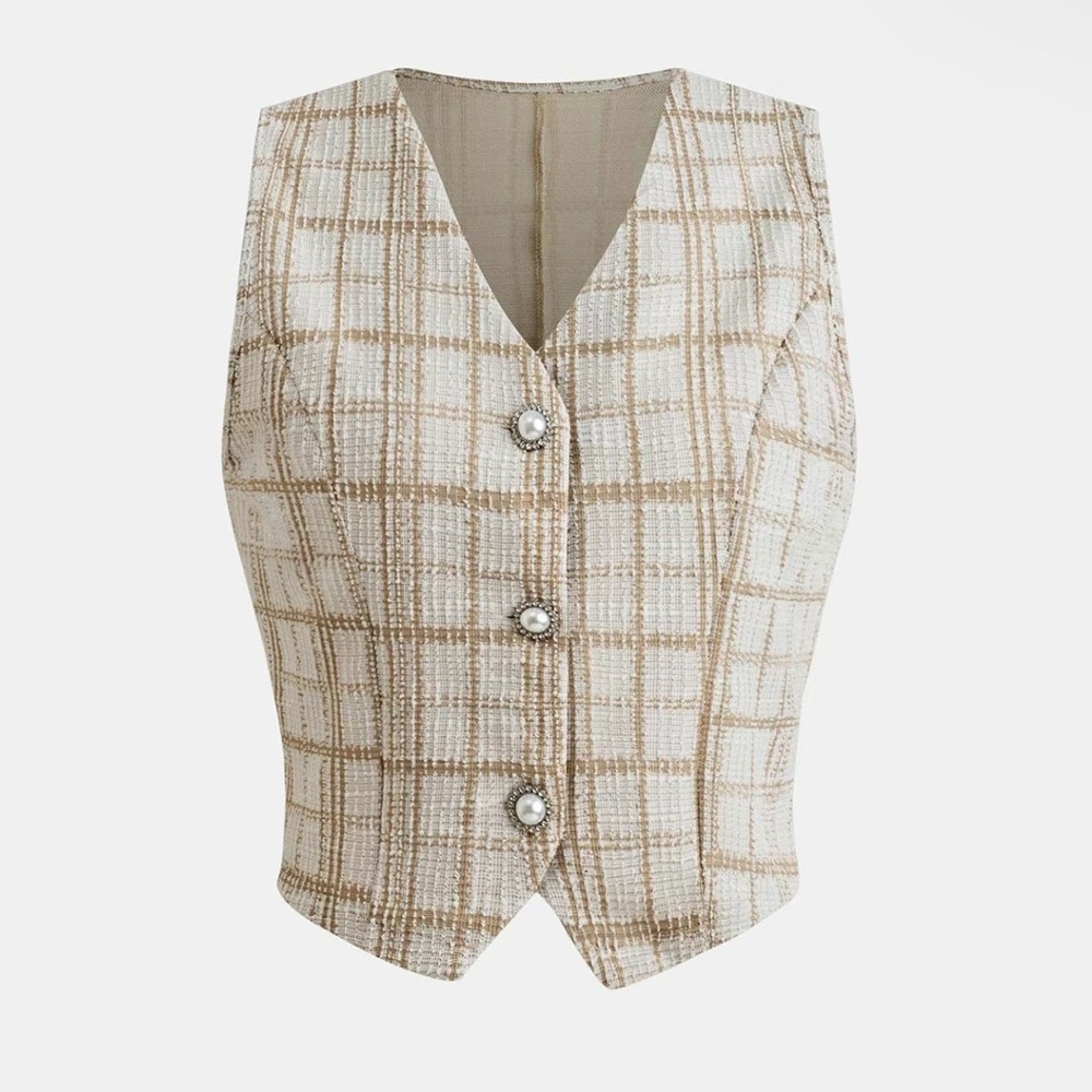 Women’s Plaid Tan and Cream Vest Blazer